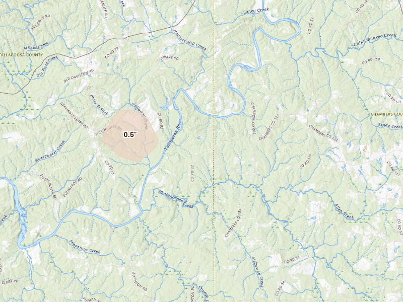 Radar-estimated hail-size map of the storm over Camp Hill, AL