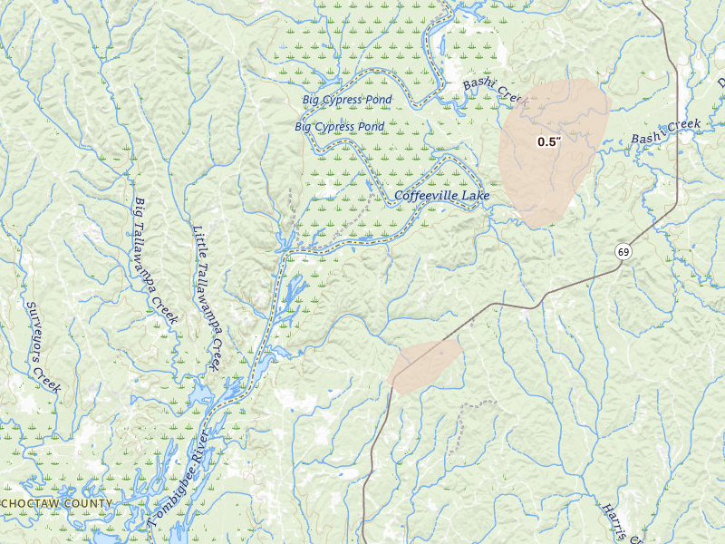 Radar-estimated hail-size map of the storm over Campbell, AL on May 22, 2026