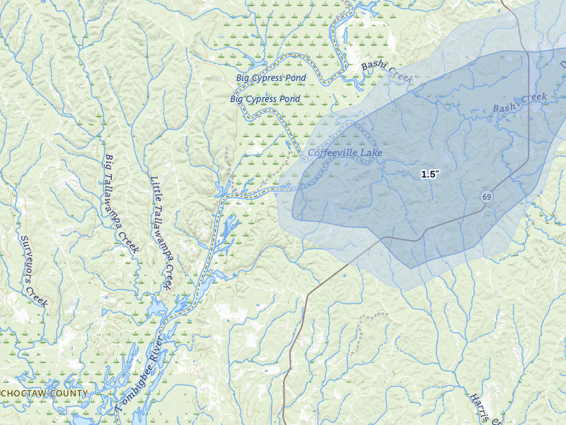 NEXRAD radar-signature map of the hail storm over Campbell, AL on Jul 5, 2026