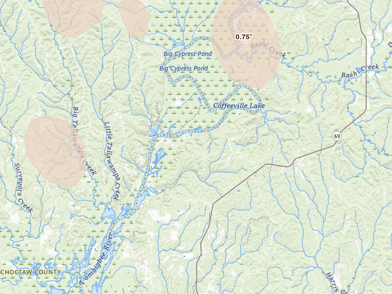 Radar-estimated hail-size map of the storm over Campbell, AL on Jul 29, 2026