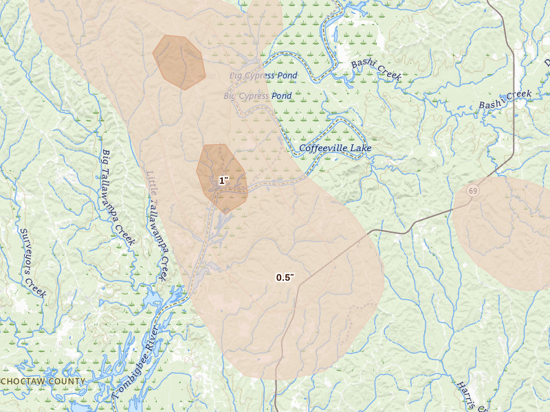 Radar-estimated hail-size map of the storm over Campbell, AL on Aug 24, 2026