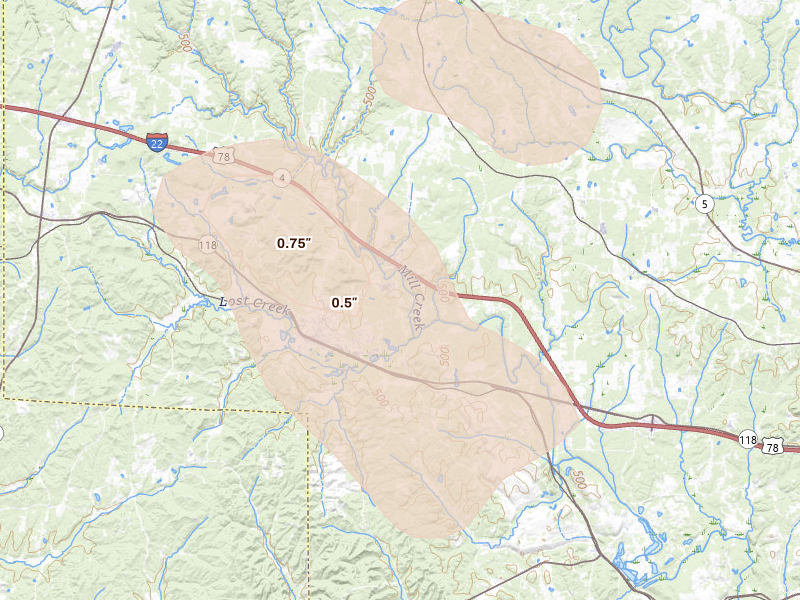 Radar-estimated hail-size map of the storm over Carbon Hill, AL on Jun 1, 2026