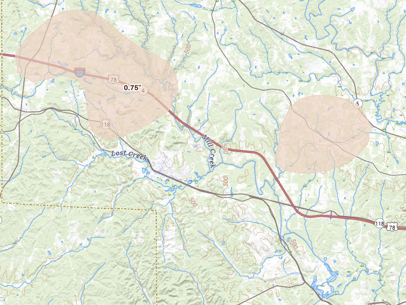 Radar-estimated hail-size map of the storm over Carbon Hill, AL on Jul 1, 2026