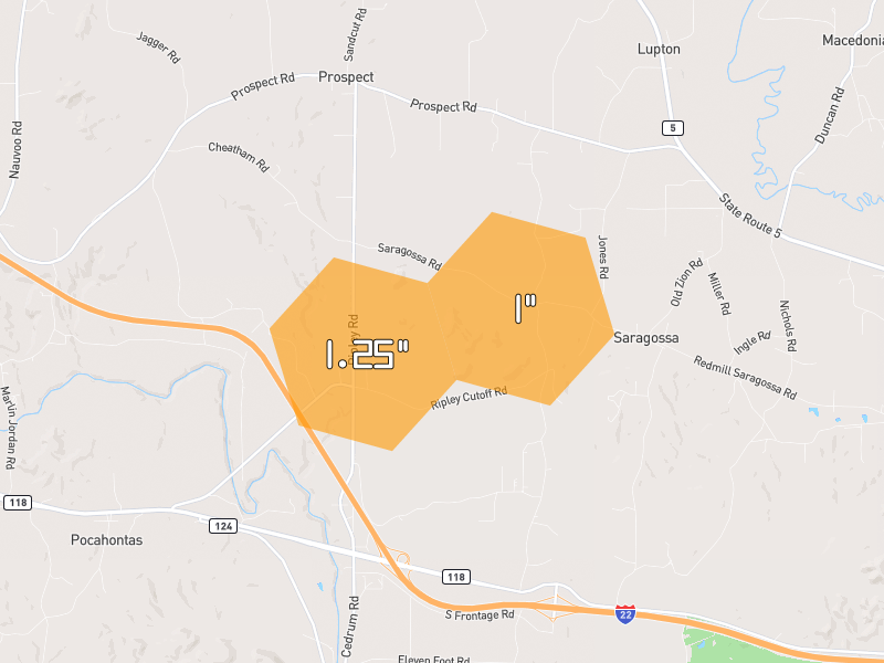 Hail map of Carbon Hill, AL on Jul 1, 2026, hail up to 1.25"