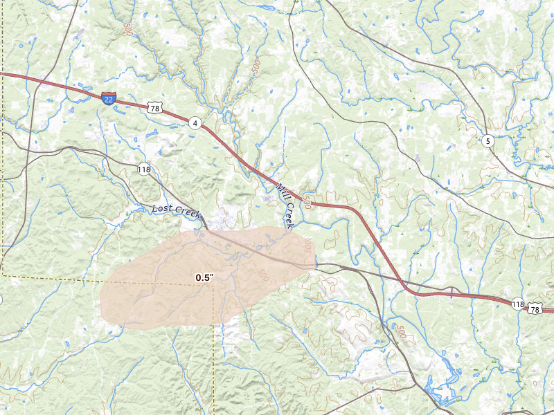 Radar-estimated hail-size map of the storm over Carbon Hill, AL on Aug 1, 2026