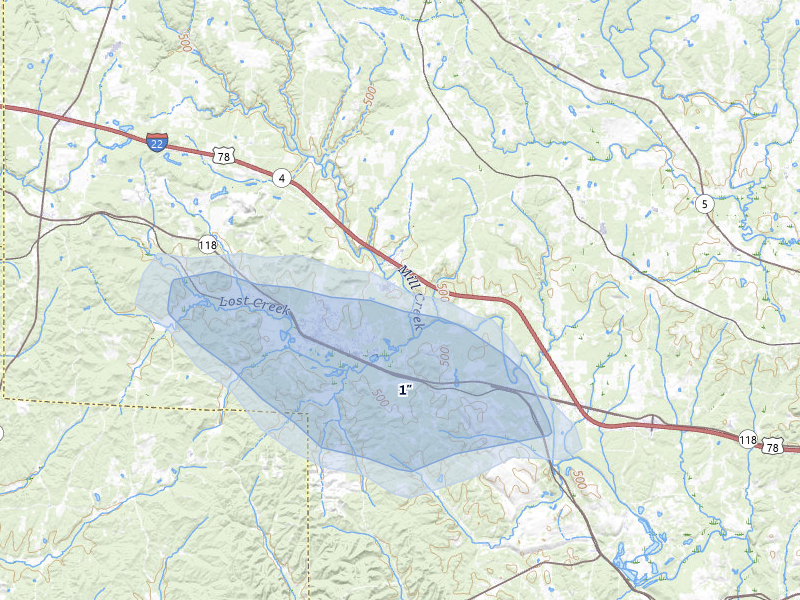 NEXRAD radar-signature map of the hail over Carbon Hill, AL