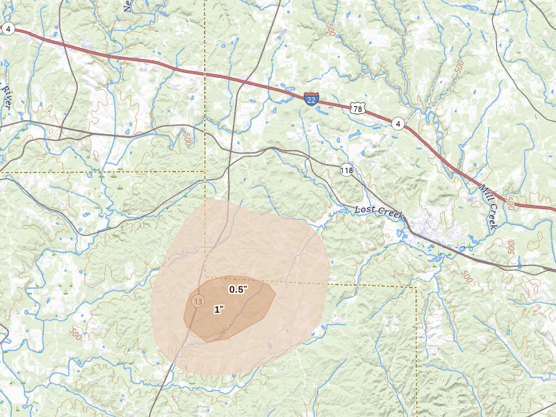 Radar-estimated hail-size map of the storm over Carbon Hill, AL on Aug 8, 2026