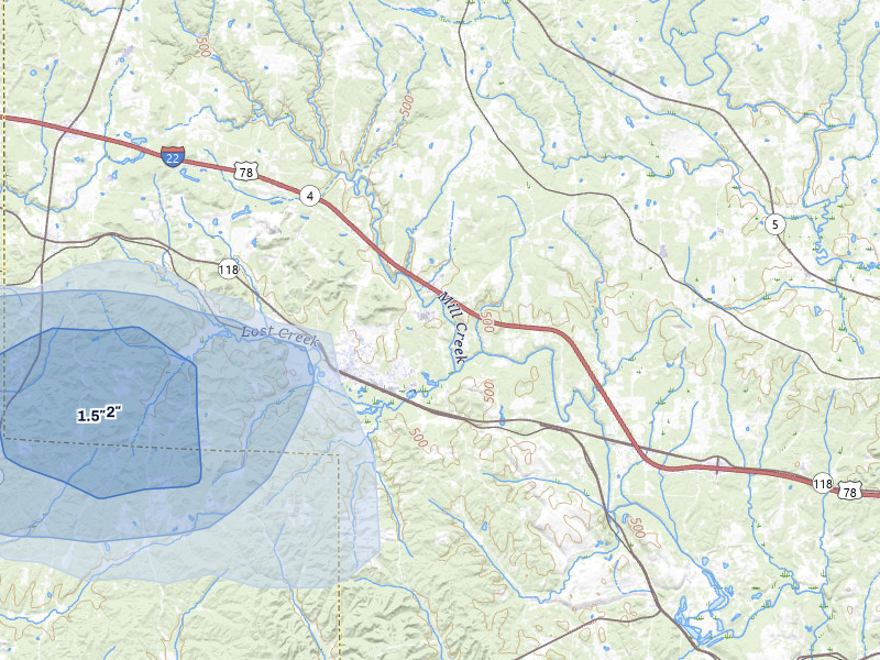 NEXRAD radar-signature map of the hail storm over Carbon Hill, AL on Aug 8, 2026