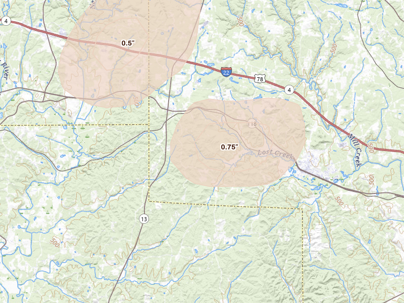 Radar-estimated hail-size map of the storm over Carbon Hill, AL on Aug 26, 2026