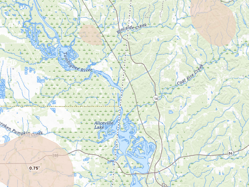 Radar-estimated hail-size map of the storm over Carrollton, AL on Jun 1, 2026
