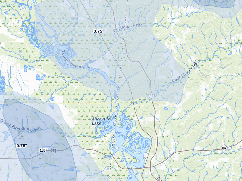 NEXRAD radar-signature map of the hail storm over Carrollton, AL on Jun 1, 2026