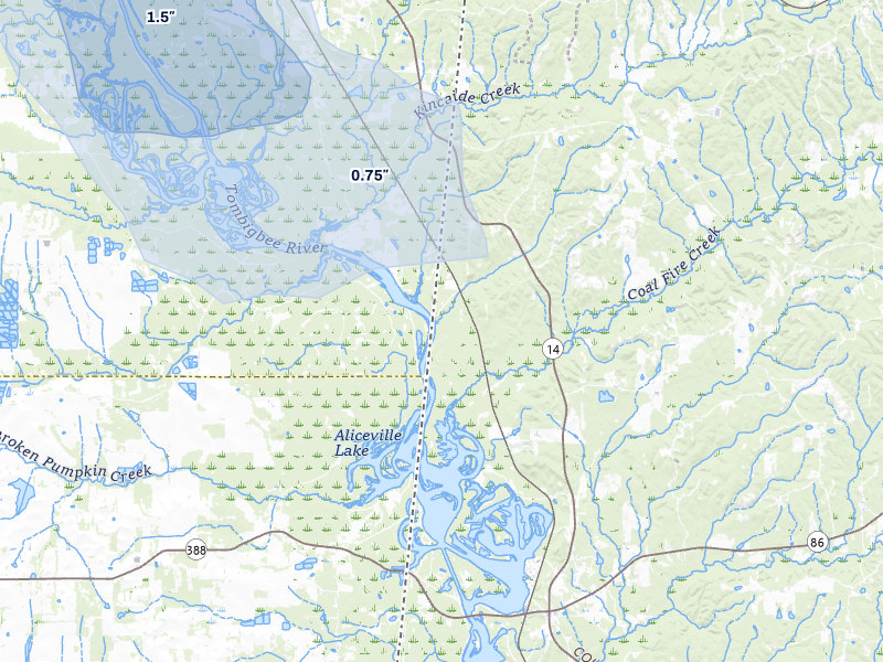 NEXRAD radar-signature map of the hail storm over Carrollton, AL on Jul 1, 2026
