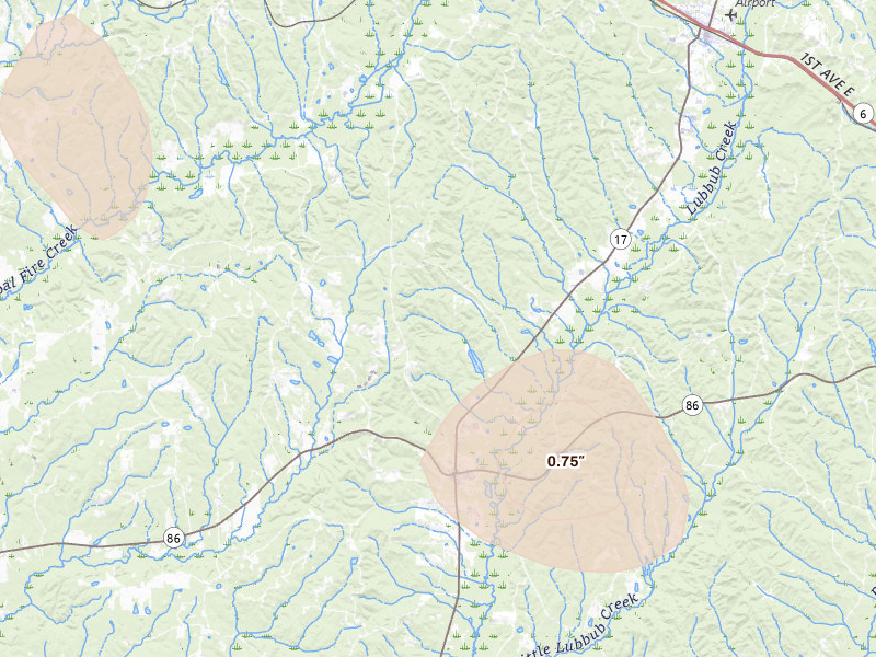 Radar-estimated hail-size map of the storm over Carrollton, AL on Aug 26, 2026