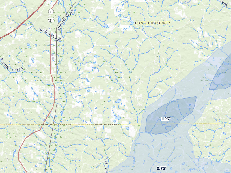 NEXRAD radar-signature map of the hail over Castleberry, AL