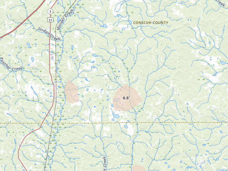 Radar-estimated hail-size map of the storm over Castleberry, AL on May 6, 2026