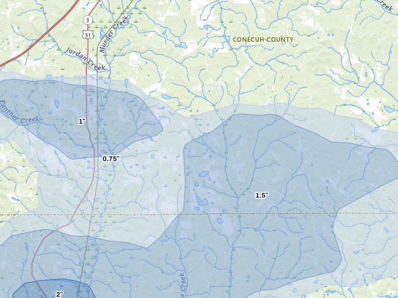 NEXRAD radar-signature map of the hail storm over Castleberry, AL on May 6, 2026