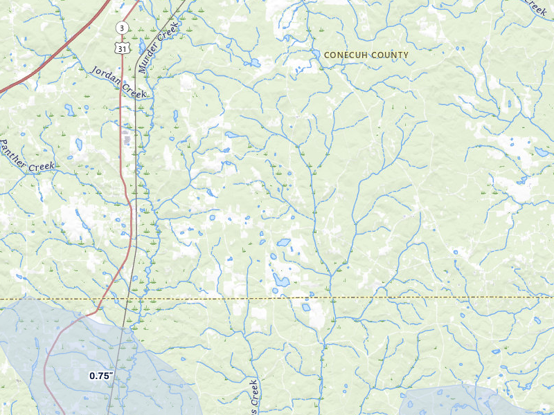 NEXRAD radar-signature map of the hail storm over Castleberry, AL on Jul 7, 2026