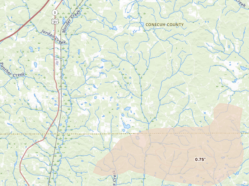 Radar-estimated hail-size map of the storm over Castleberry, AL on Jul 10, 2026