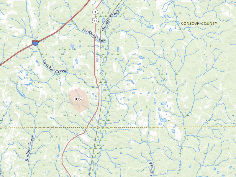 Radar-estimated hail-size map of the storm over Castleberry, AL on Aug 15, 2026