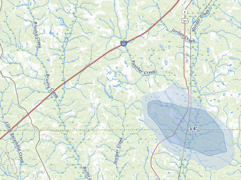 NEXRAD radar-signature map of the hail storm over Castleberry, AL on Aug 15, 2026