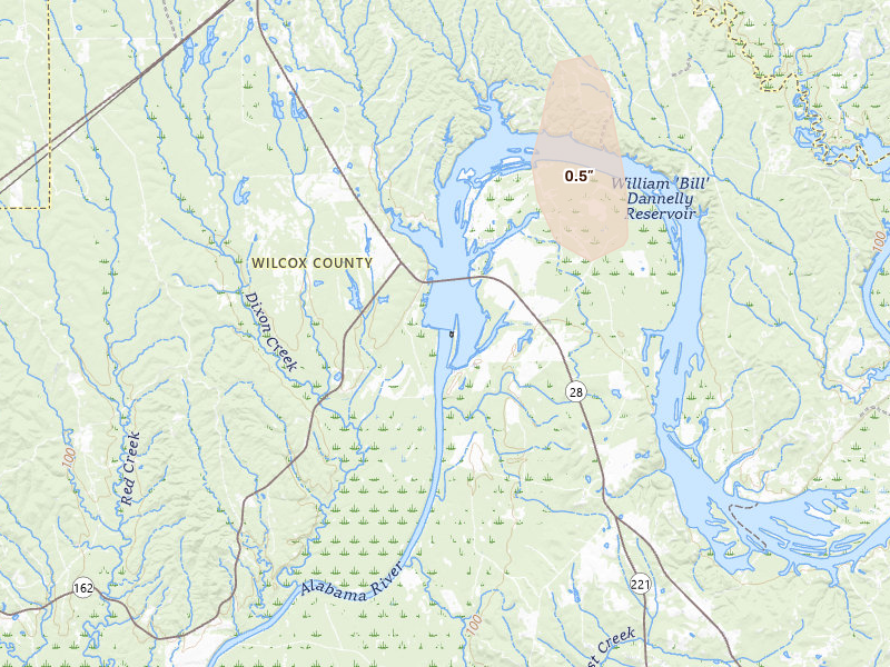 Radar-estimated hail-size map of the storm over Catherine, AL on Jul 29, 2026