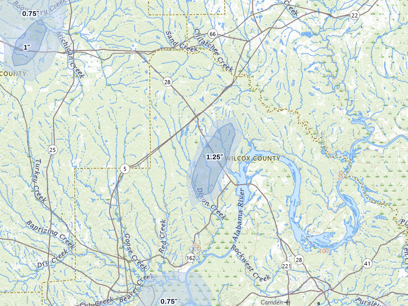 NEXRAD radar-signature map of the hail storm over Catherine, AL on Aug 19, 2026