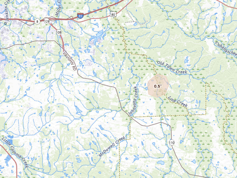 Radar-estimated hail-size map of the storm over Cecil, AL on Mar 31, 2026