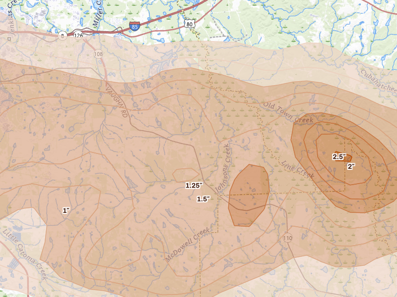 Radar-estimated hail-size map of the storm over Cecil, AL on May 6, 2026