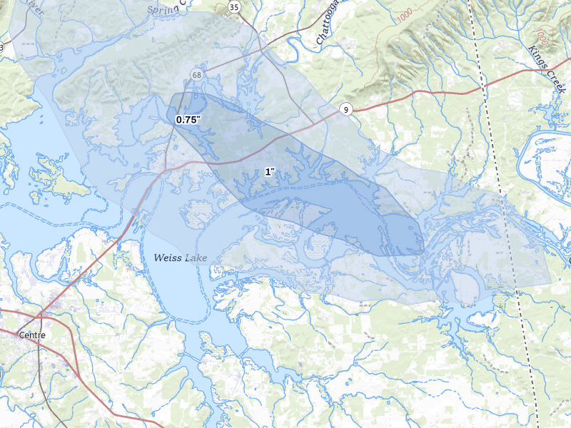 NEXRAD radar-signature map of the hail storm over Cedar Bluff, AL on Apr 25, 2026