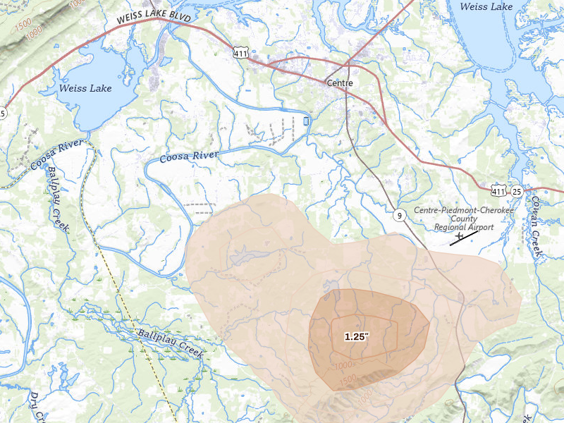 Radar-estimated hail-size map of the storm over Centre, AL on Jul 3, 2026