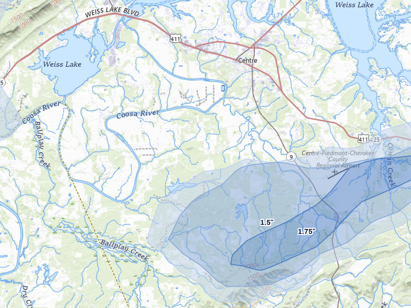 NEXRAD radar-signature map of the hail storm over Centre, AL on Jul 3, 2026