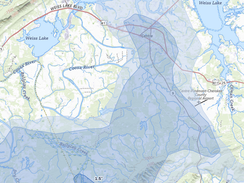 NEXRAD radar-signature map of the hail storm over Centre, AL on Aug 11, 2026