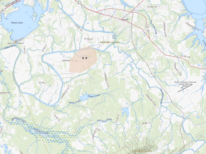 Radar-estimated hail-size map of the storm over Centre, AL