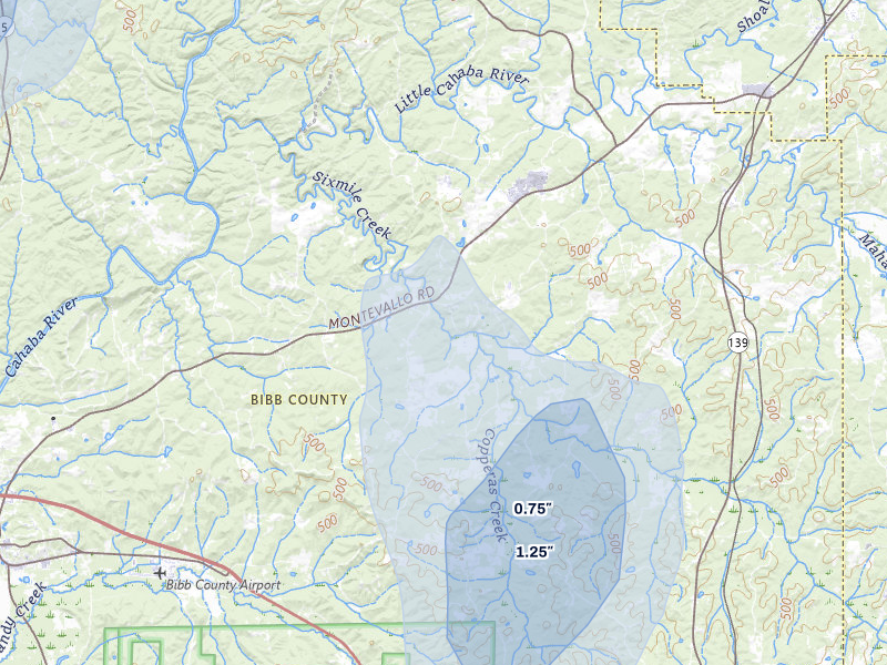 NEXRAD radar-signature map of the hail over Centreville, AL