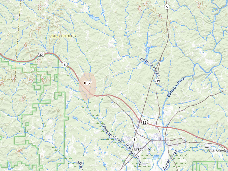 Radar-estimated hail-size map of the storm over Centreville, AL on Jul 18, 2026