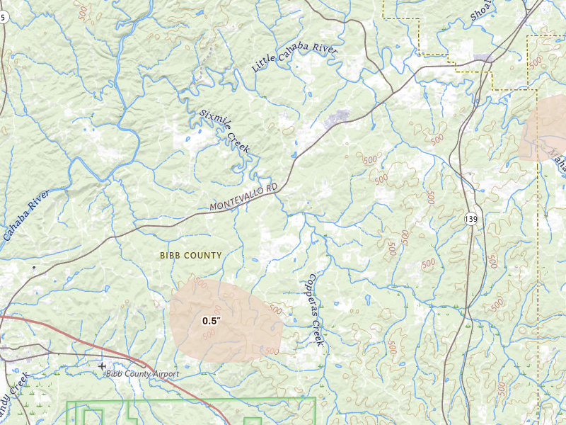 Radar-estimated hail-size map of the storm over Centreville, AL on Aug 20, 2026