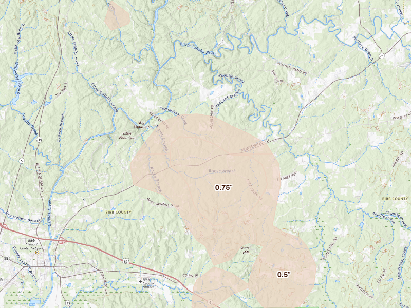 Radar-estimated hail-size map of the storm over Centreville, AL