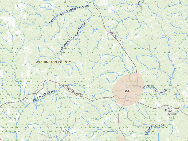 Radar-estimated hail-size map of the storm over Chatom, AL on Aug 19, 2026