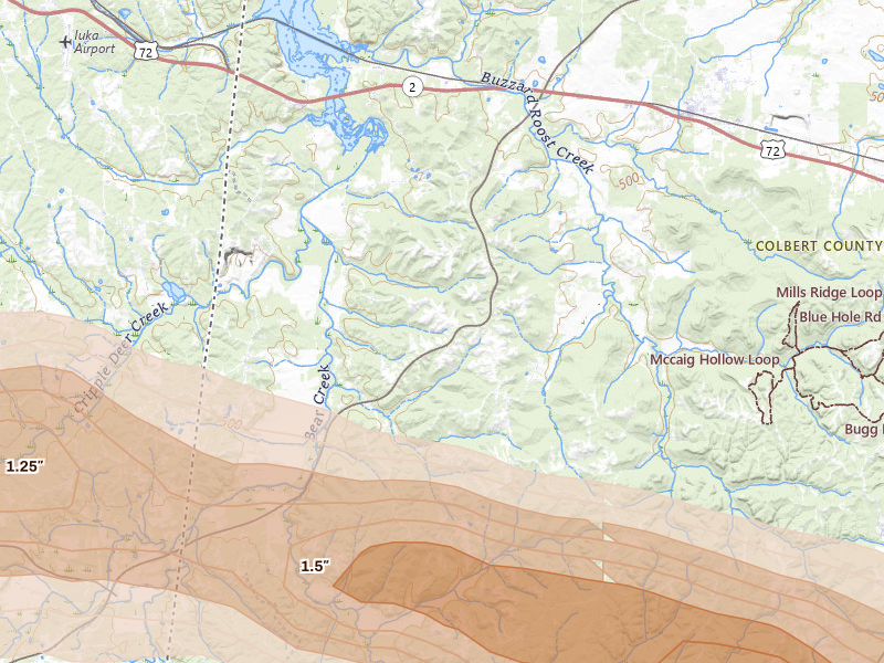 Radar-estimated hail-size map of the storm over Cherokee, AL on Feb 26, 2026