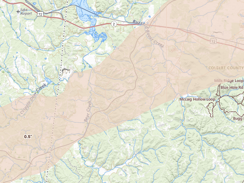 Radar-estimated hail-size map of the storm over Cherokee, AL on Mar 15, 2026