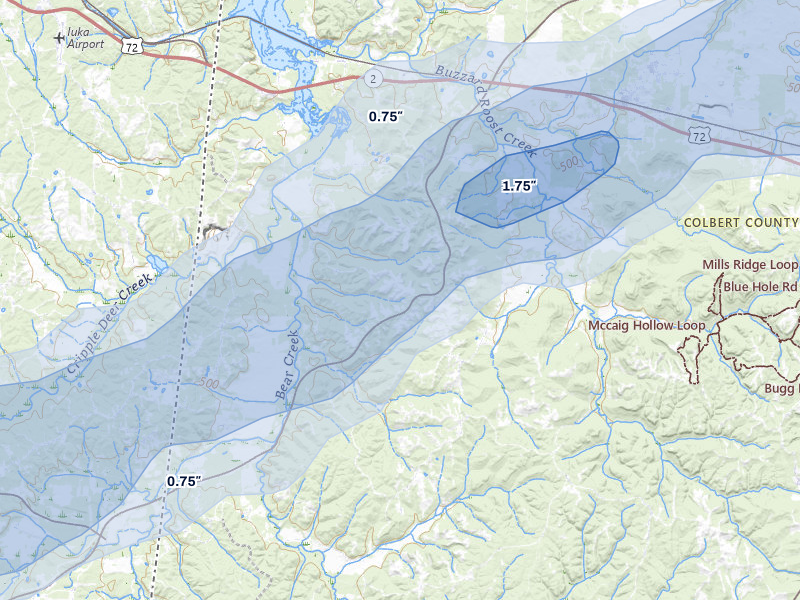 NEXRAD radar-signature map of the hail storm over Cherokee, AL on Mar 15, 2026