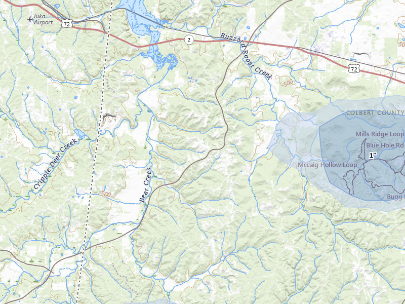 NEXRAD radar-signature map of the hail storm over Cherokee, AL on Jul 1, 2026