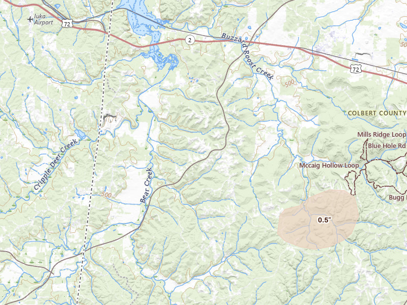 Radar-estimated hail-size map of the storm over Cherokee, AL on Jul 3, 2026