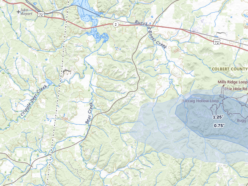 NEXRAD radar-signature map of the hail storm over Cherokee, AL on Jul 3, 2026