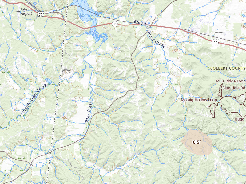 Radar-estimated hail-size map of the storm over Cherokee, AL on Jul 26, 2026
