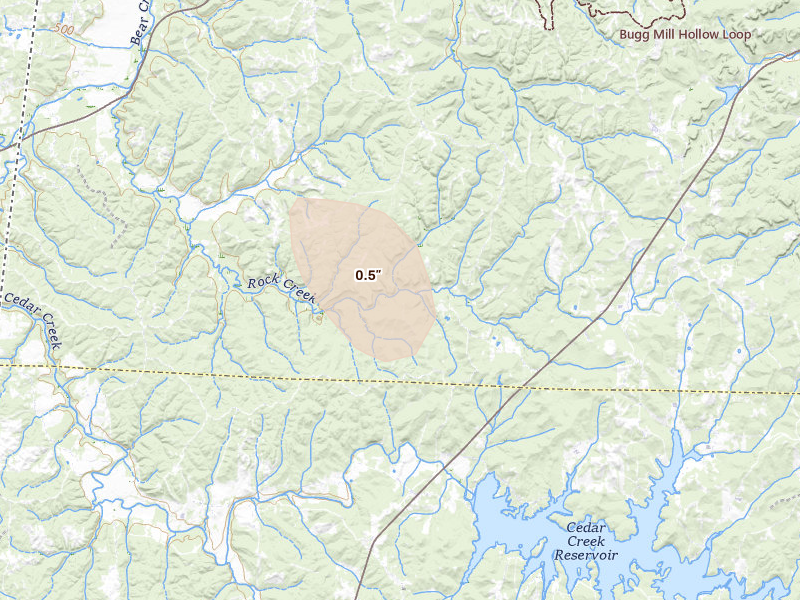 Radar-estimated hail-size map of the storm over Cherokee, AL on Aug 22, 2026