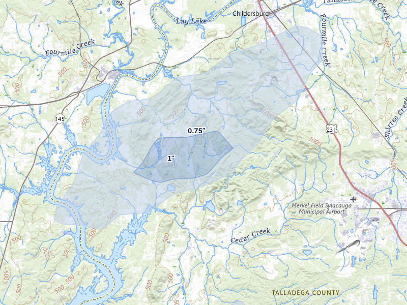 NEXRAD radar-signature map of the hail over Childersburg, AL