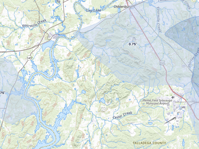 NEXRAD radar-signature map of the hail storm over Childersburg, AL on Jul 1, 2026