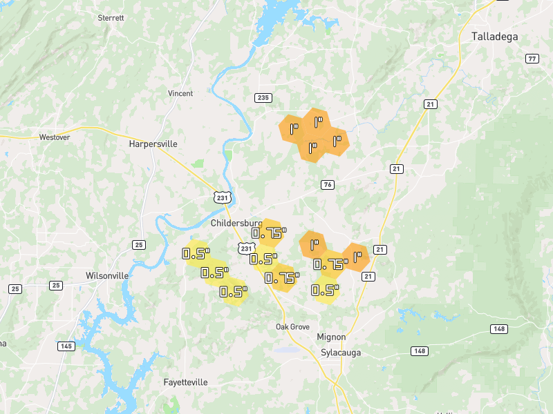 Hail map of Childersburg, AL on Jul 1, 2026, hail up to 1"