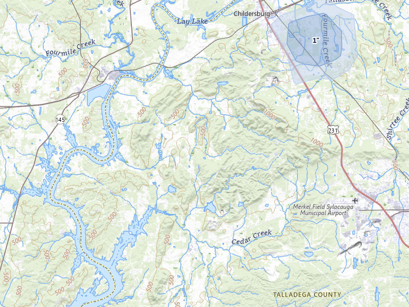 NEXRAD radar-signature map of the hail storm over Childersburg, AL on Jul 25, 2026